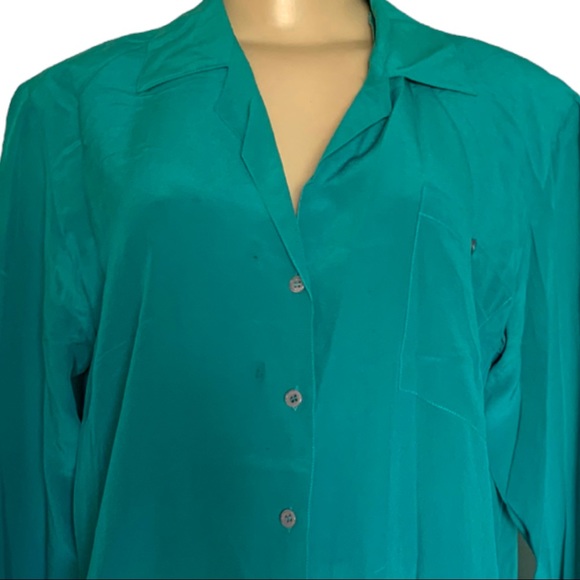True Vintage 💯% Silk Kelly Green 80’s Button Up LS Blouse Shoulder Pads - Picture 2 of 10